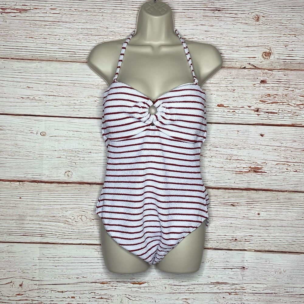 New J Crew Scrunchie Ring Bandeau One Piece Swimsuit in Red White Stripe… - Picture 10 of 13